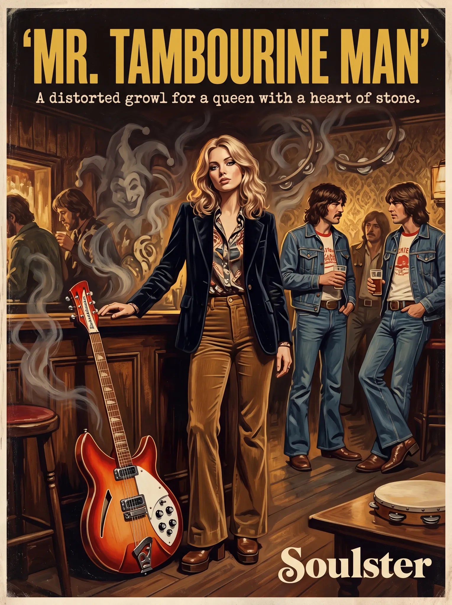 Soulster cinematic vintage pulp book cover art print illustration styled in a classic 1970s design layout inspired by Mr. Tambourine Man.
