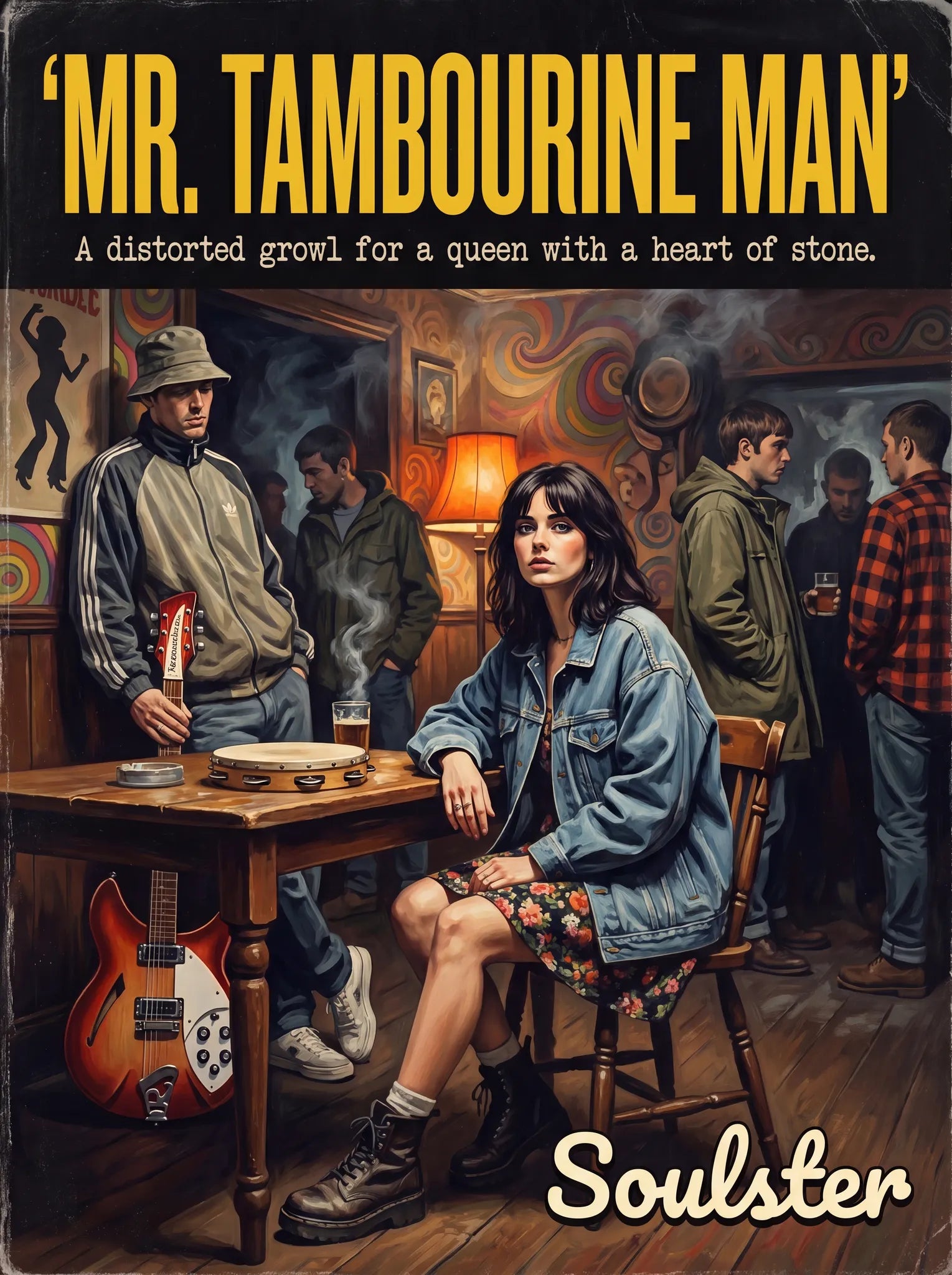 Soulster cinematic vintage pulp book cover art print illustration styled in a classic 1990s design layout inspired by Mr. Tambourine Man.