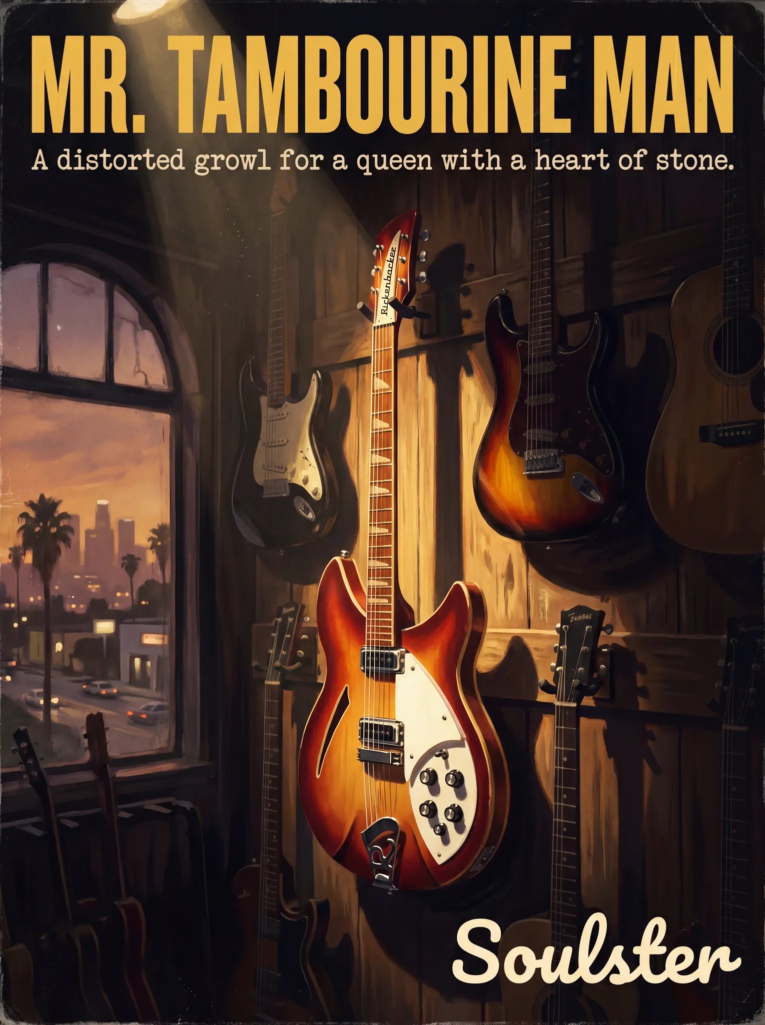 Soulster Manchester Edition wall art print showing a cinematic pulp style design of a Vintage Guitar inspired by Mr. Tambourine Man - Los Angeles.
