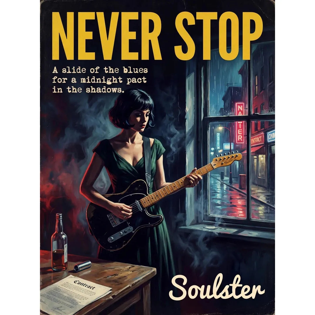 Soulster cinematic vintage pulp book cover art print illustration styled in a classic 1950s design layout inspired by Never Stop.
