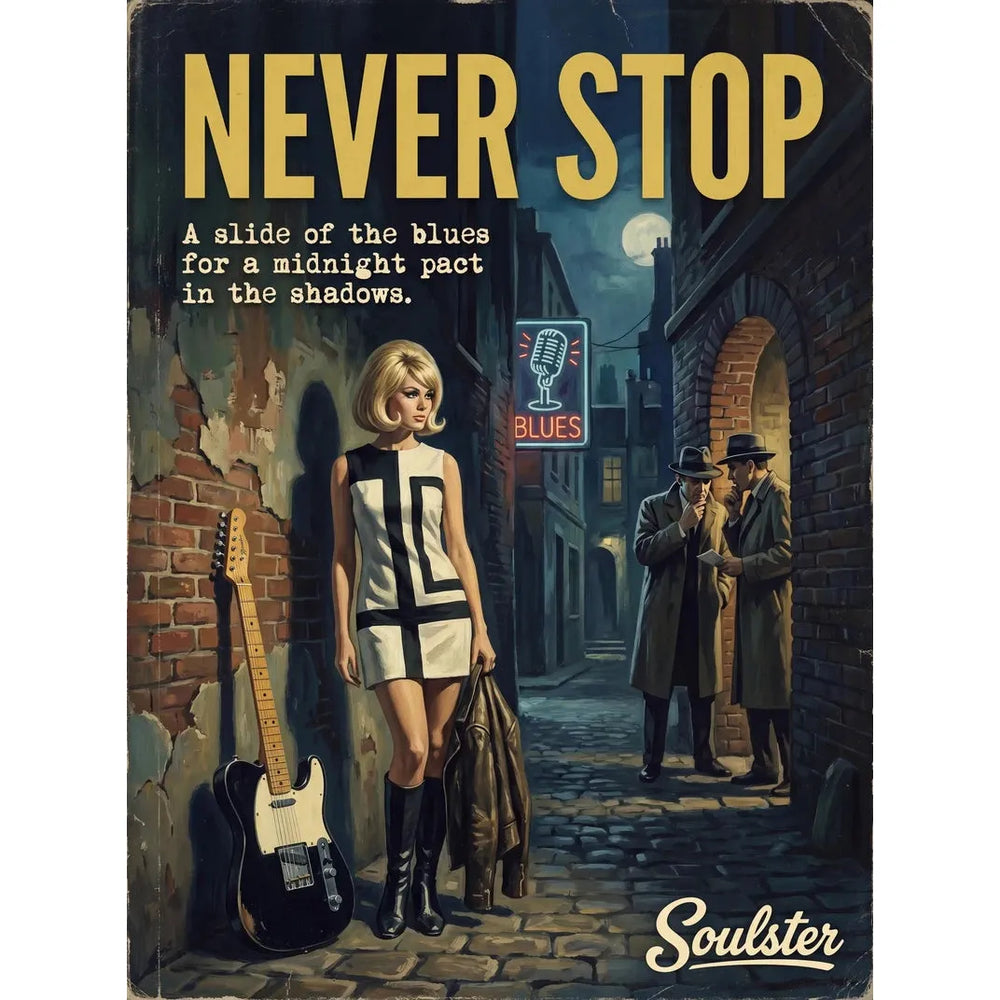 Soulster cinematic vintage pulp book cover art print illustration styled in a classic 1960s design layout inspired by Never Stop.