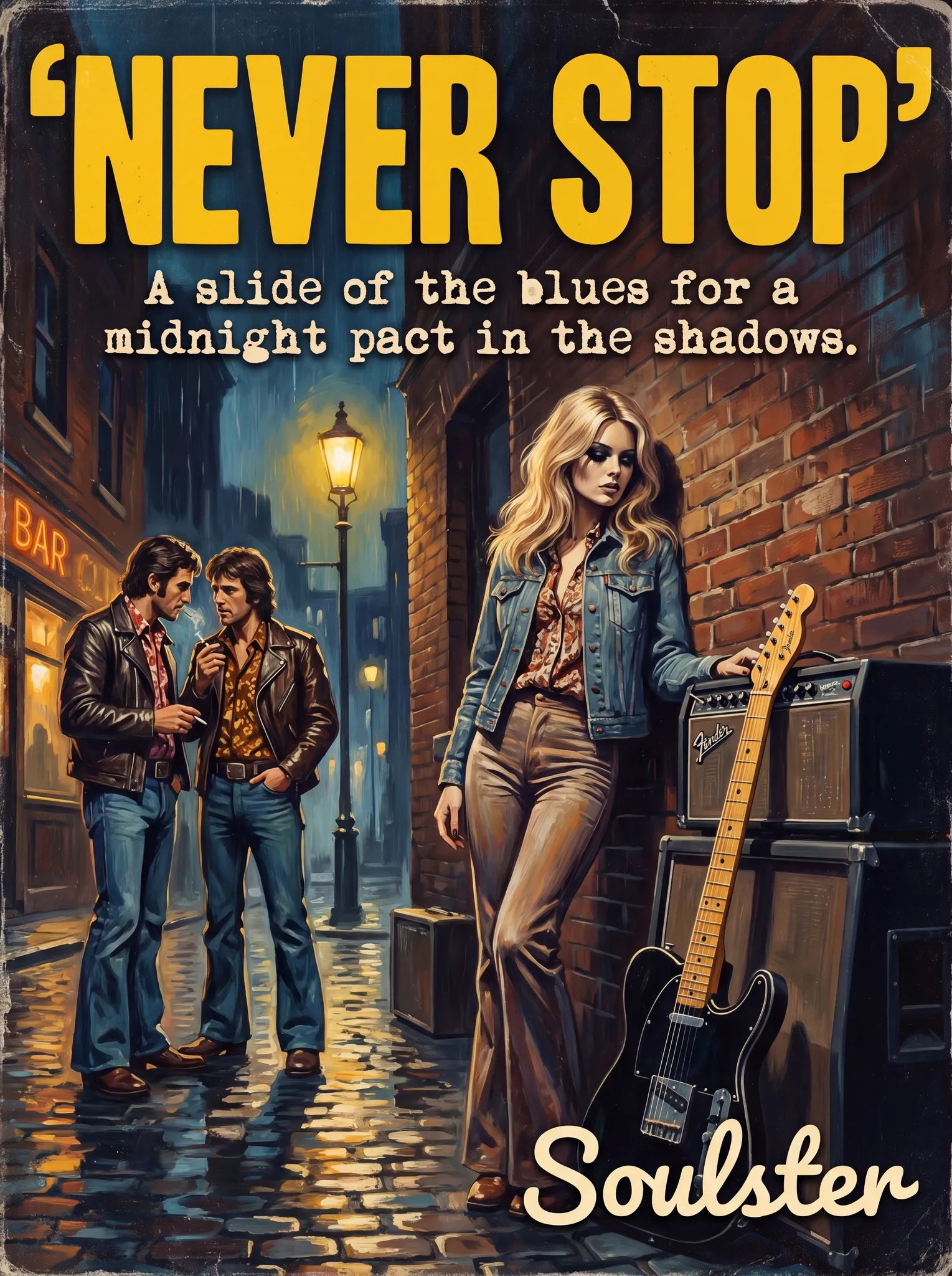 Soulster cinematic vintage pulp book cover art print illustration styled in a classic 1970s design layout inspired by Never Stop.