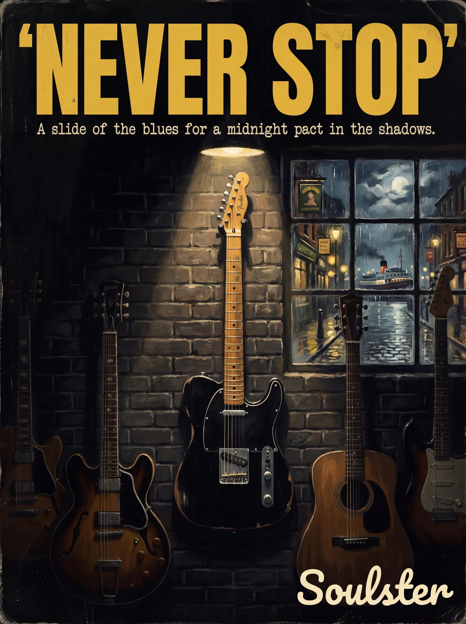 Soulster Manchester Edition wall art print showing a cinematic pulp style design of a Vintage Guitar inspired by Never Stop - Liverpool.