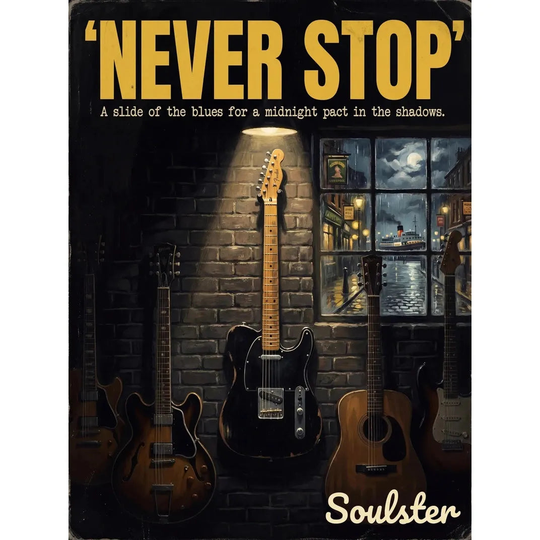 Soulster Manchester Edition wall art print showing a cinematic pulp style design of a Vintage Guitar inspired by Never Stop - Liverpool.