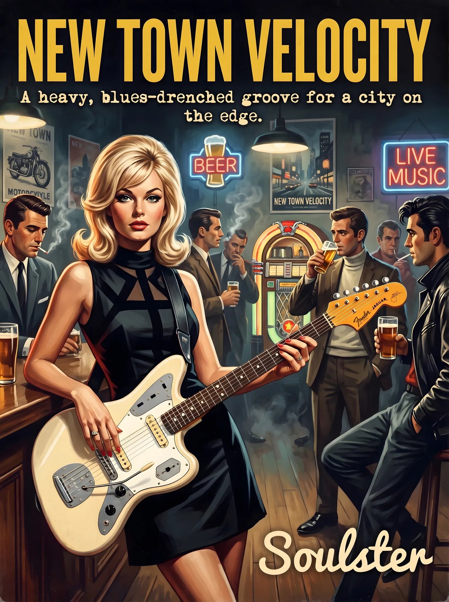 Soulster cinematic vintage pulp book cover art print illustration styled in a classic 1960s design layout inspired by New Town Velocity.