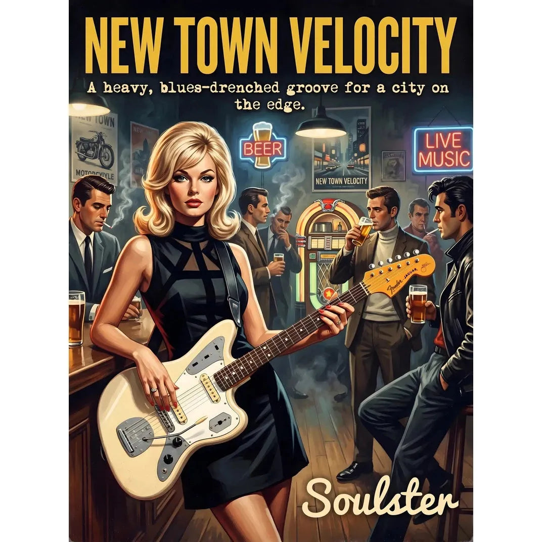 Soulster cinematic vintage pulp book cover art print illustration styled in a classic 1960s design layout inspired by New Town Velocity.