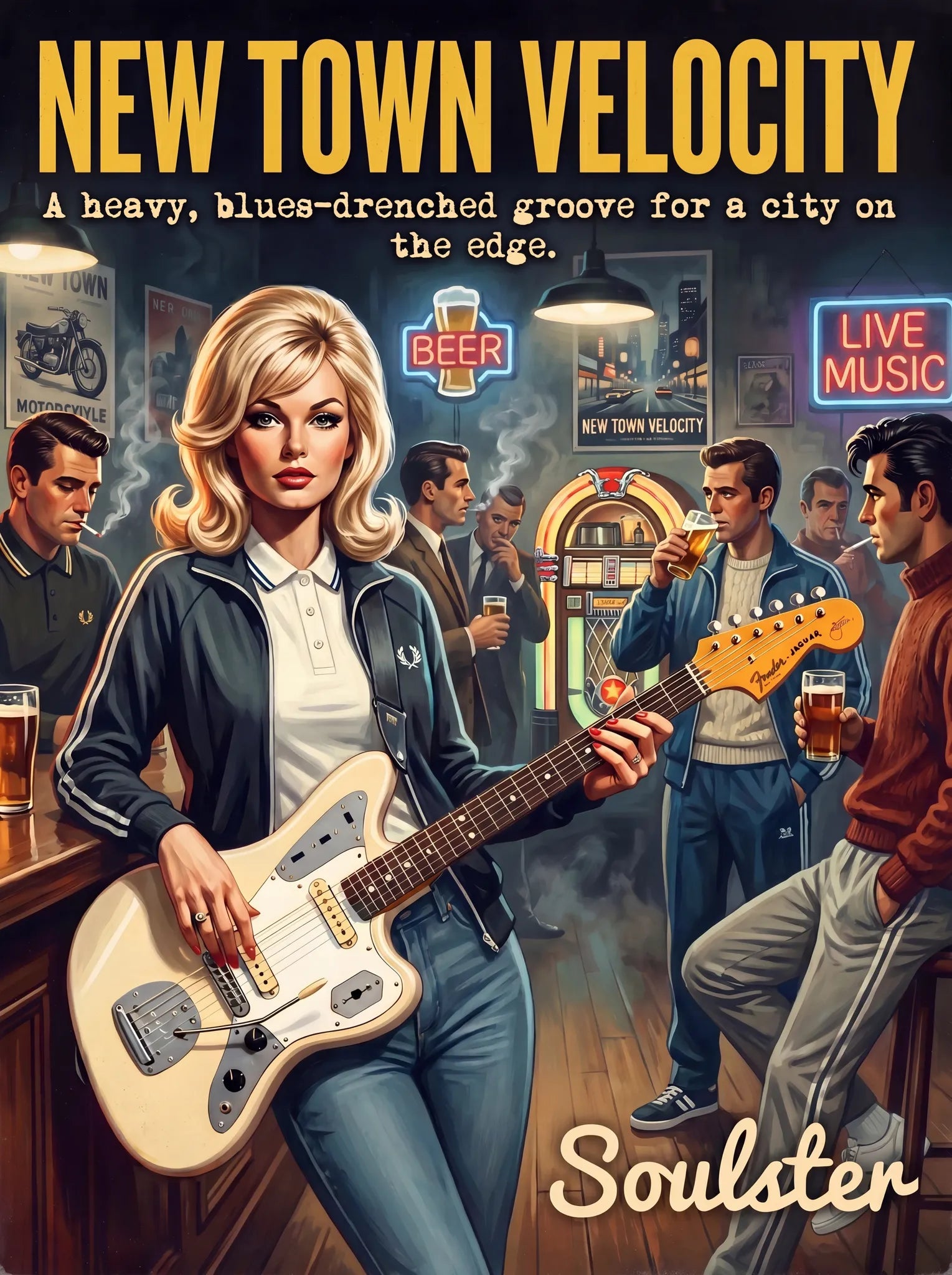 Soulster retro pulp thriller book cover style art print illustration inspired by Johnny Marr - New Town Velocity.