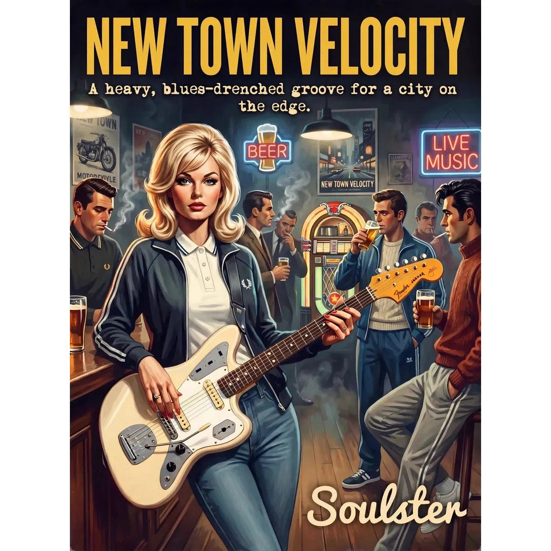 Soulster retro pulp thriller book cover style art print illustration inspired by Johnny Marr - New Town Velocity.