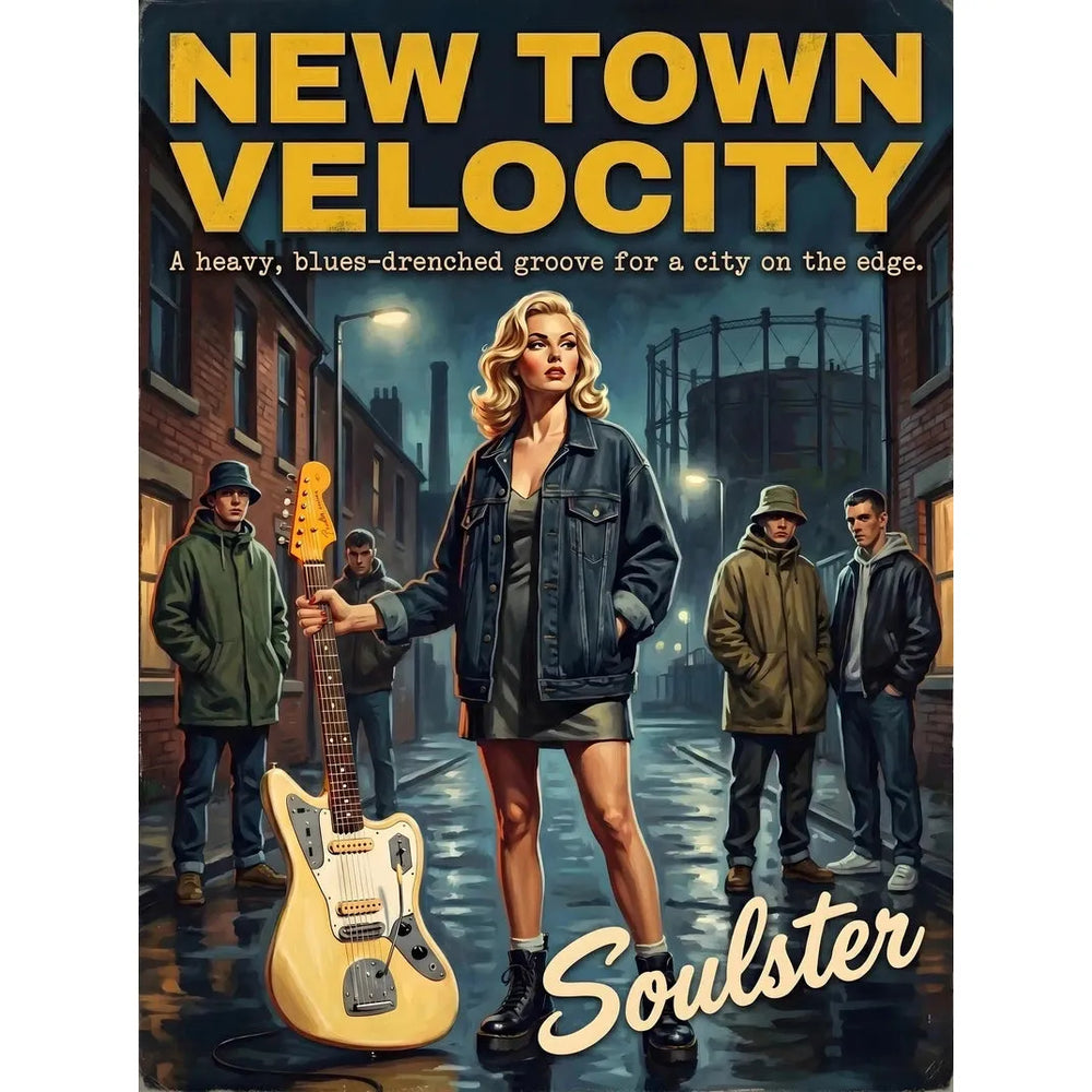 Soulster cinematic vintage pulp book cover art print illustration styled in a classic 1990s design layout inspired by New Town Velocity.