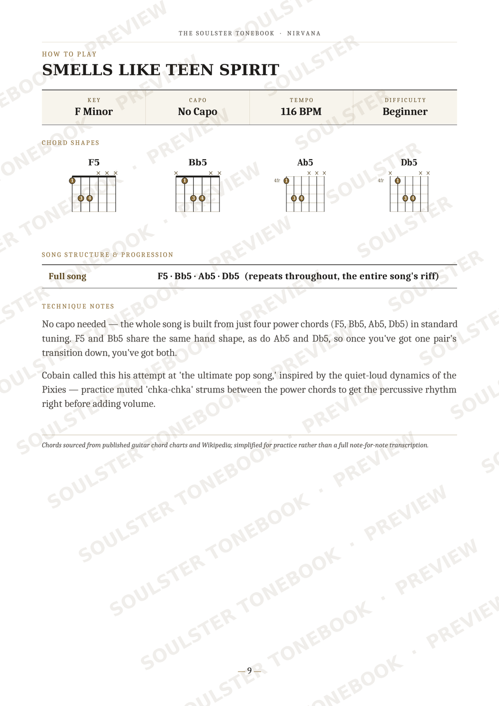 A guitar chord chart page titled 'SMELLS LIKE TEEN SPIRIT' with chord diagrams for F minor, Bb5, Ab5, and D6, plus song and technique notes on a white background with faint watermark text.