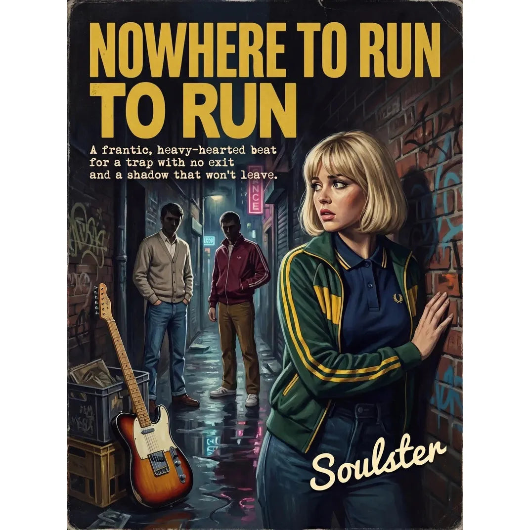 Soulster retro pulp thriller book cover style art print illustration inspired by Alternative Indie - Nowhere To Run.