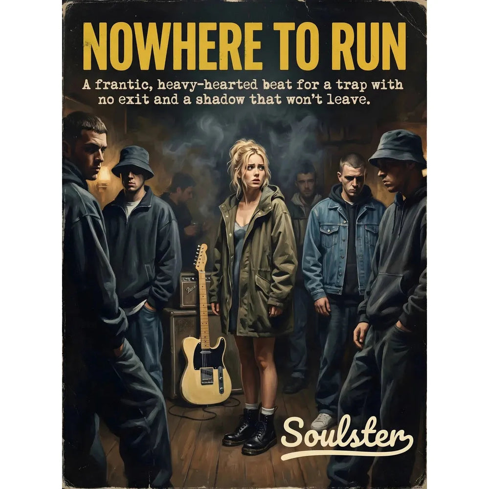 Soulster cinematic vintage pulp book cover art print illustration styled in a classic 1990s theme inspired by Nowhere To Run.