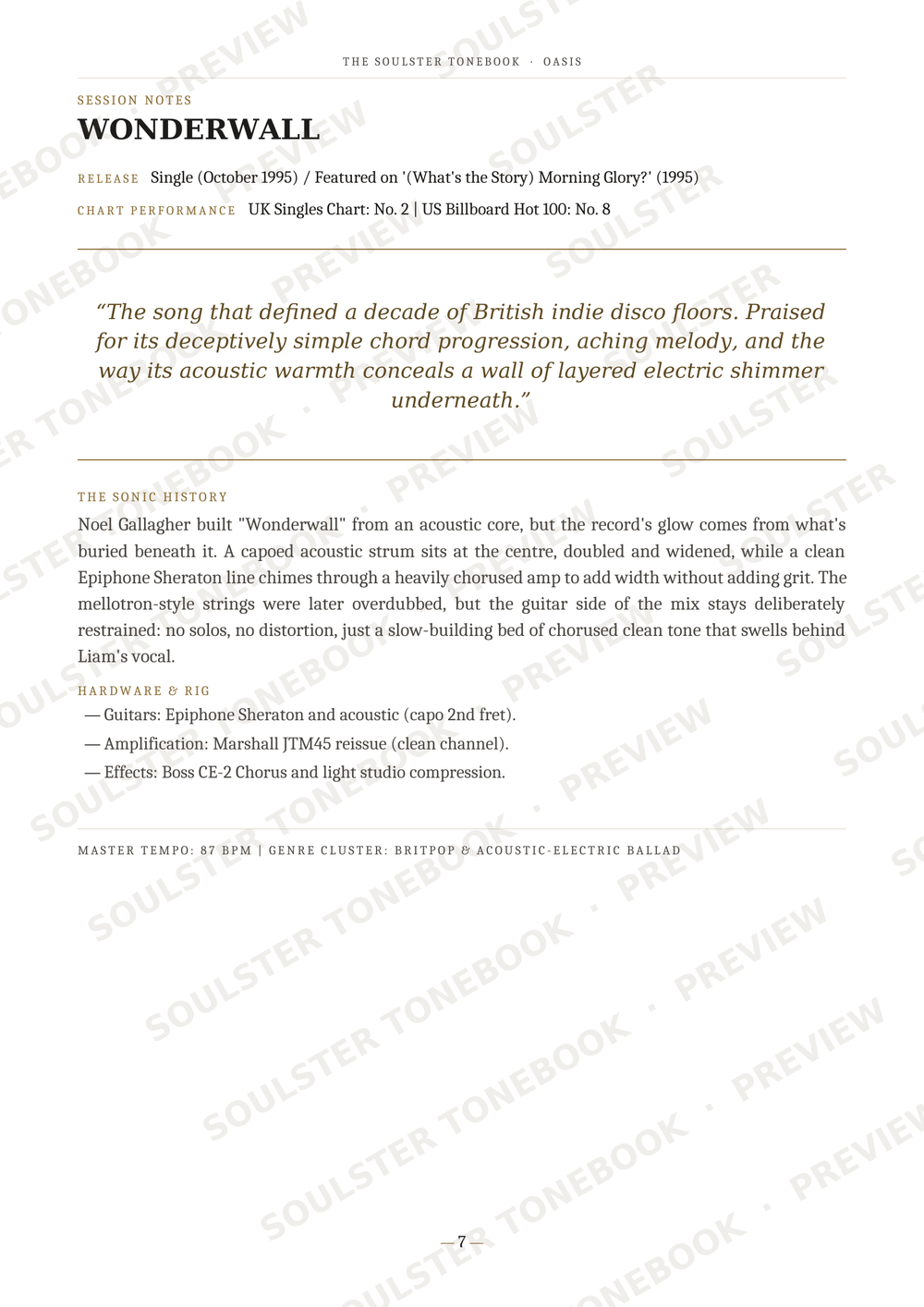 A text-heavy printed page about the song 'Wonderwall' with song title, artist, release info, chart performance, a quote, track history, and technical production details on a white page.