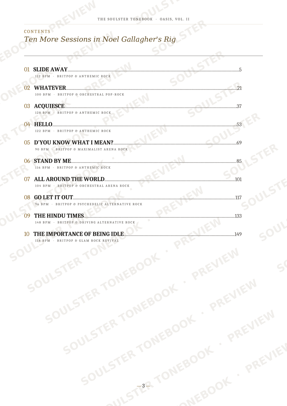 A printed table of contents page from a book, titled 'Ten More Sessions in Noel Gallagher's Big', showing chapter and page numbers with repeated diagonal 'SOULSTOREPREVIEW' watermarks across the page.