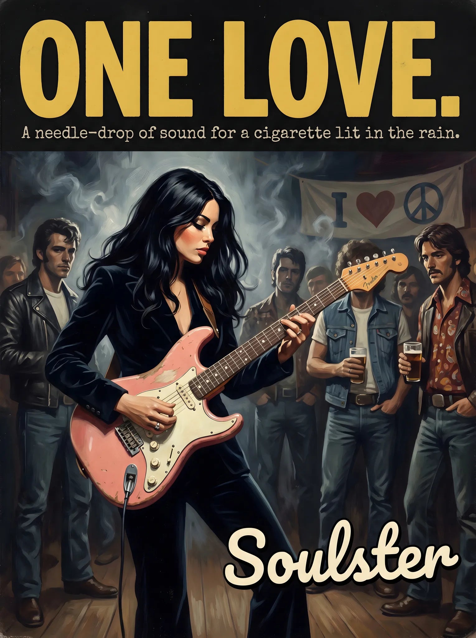 Soulster cinematic vintage pulp book cover art print illustration styled in a classic 1970s design layout inspired by One Love.