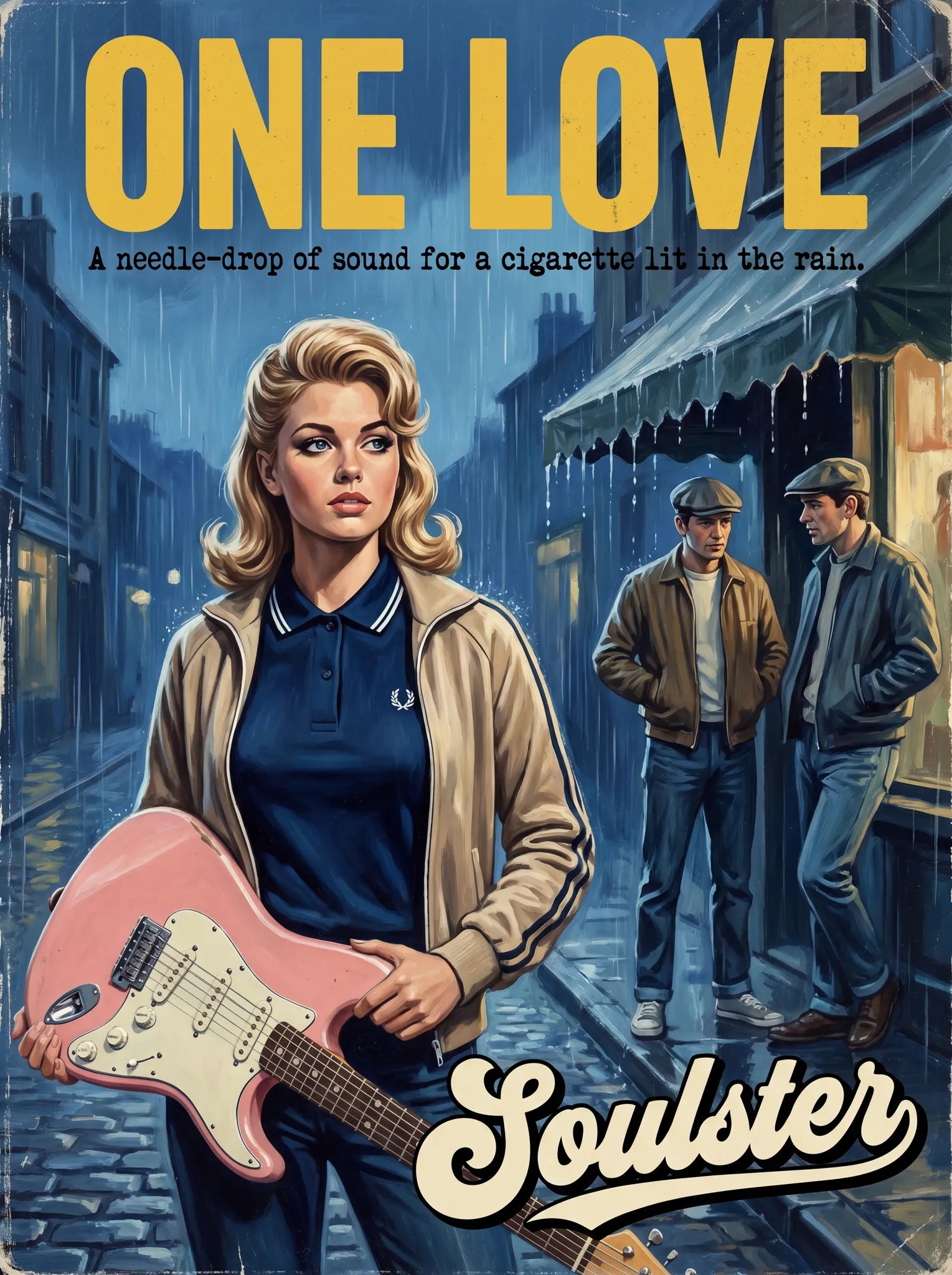 Soulster retro pulp thriller book cover style art print illustration inspired by The Stone Roses - One Love.
