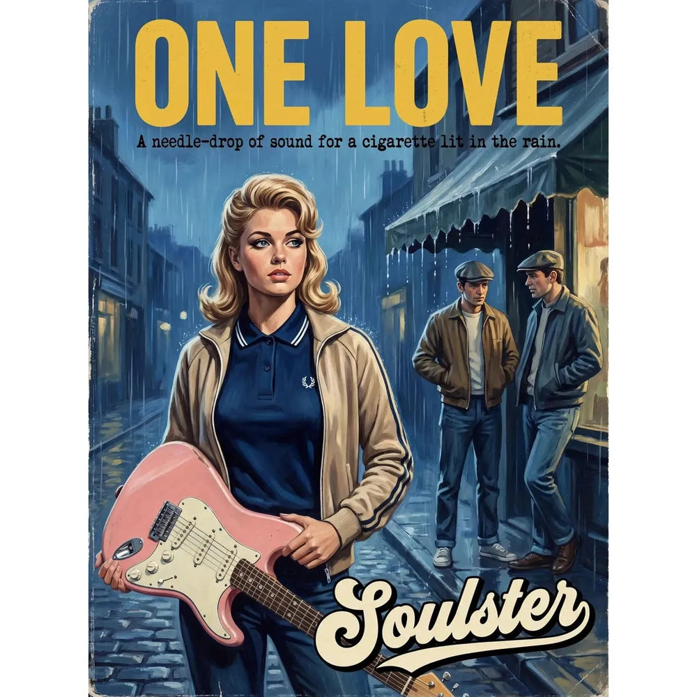 Soulster retro pulp thriller book cover style art print illustration inspired by The Stone Roses - One Love.