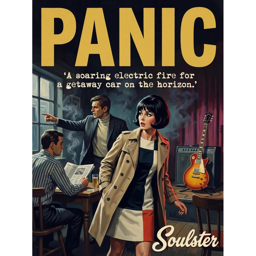 Soulster cinematic vintage pulp book cover art print illustration styled in a classic 1960s design layout inspired by Panic.