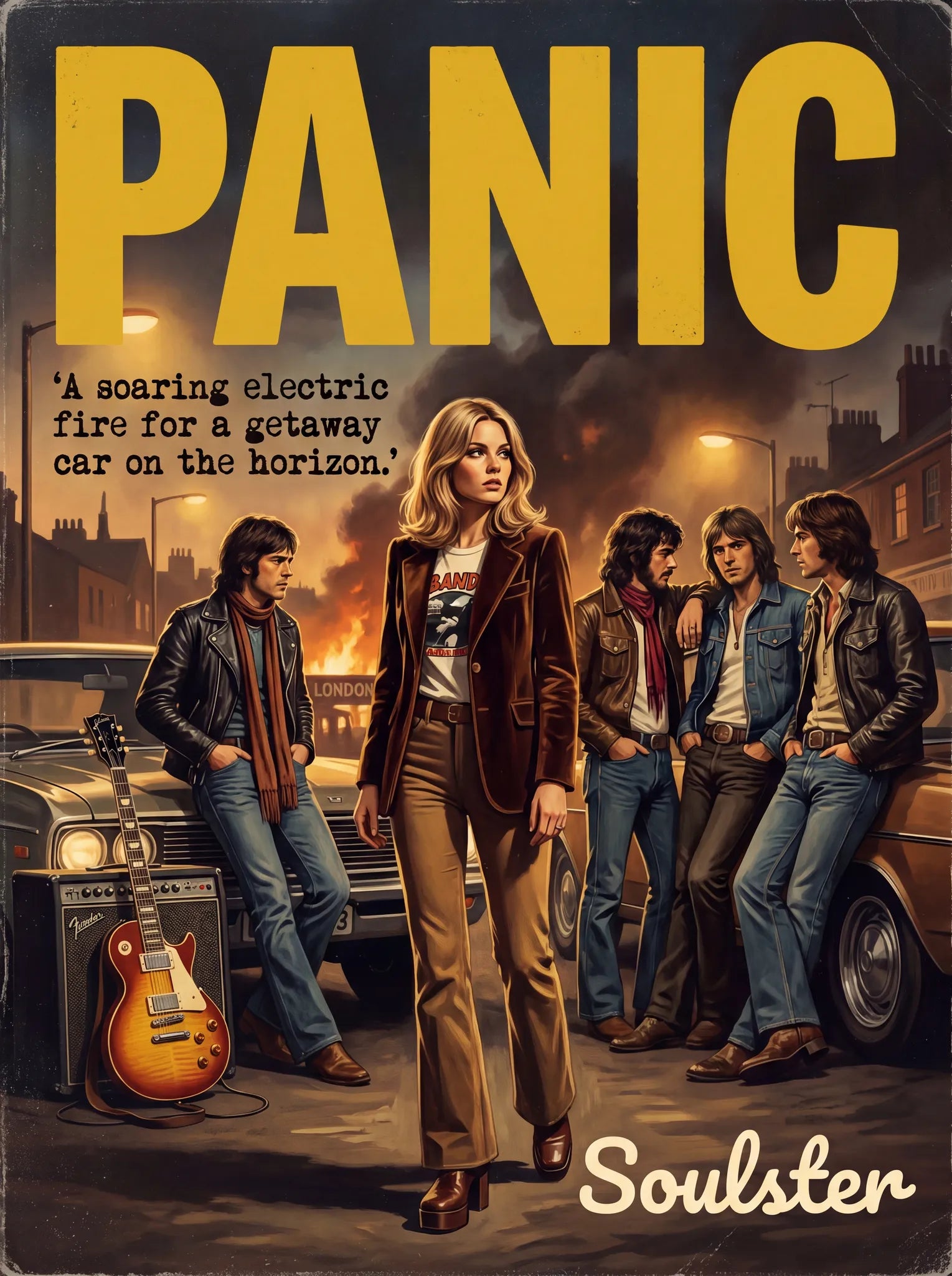 Soulster cinematic vintage pulp book cover art print illustration styled in a classic 1970s design layout inspired by Panic.