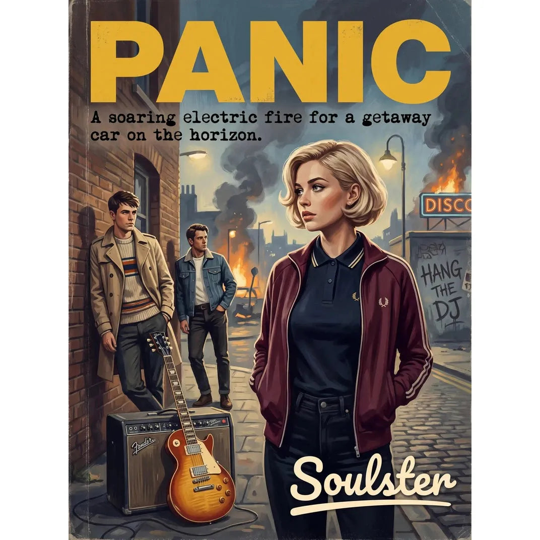 Soulster retro pulp thriller book cover style art print illustration inspired by The Smiths - Panic.