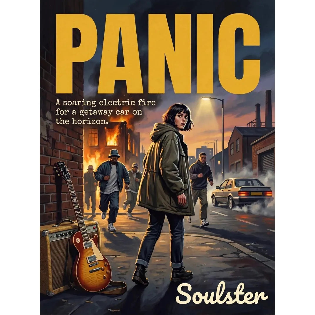 Soulster cinematic vintage pulp book cover art print illustration styled in a classic 1990s design layout inspired by Panic.