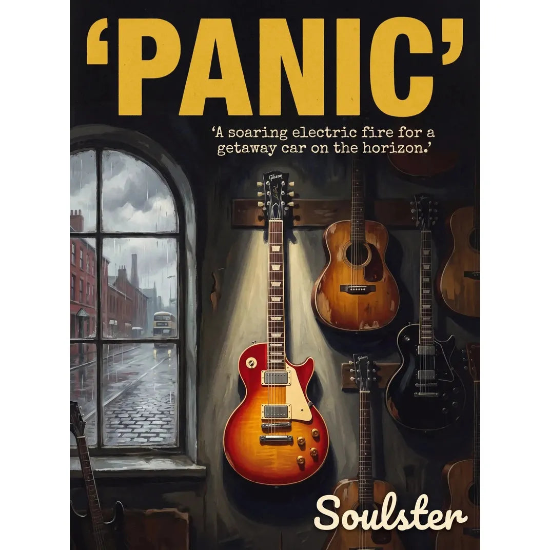 Soulster Manchester Edition wall art print showing a cinematic pulp style design of a Gibson Les Paul Standard inspired by Panic.