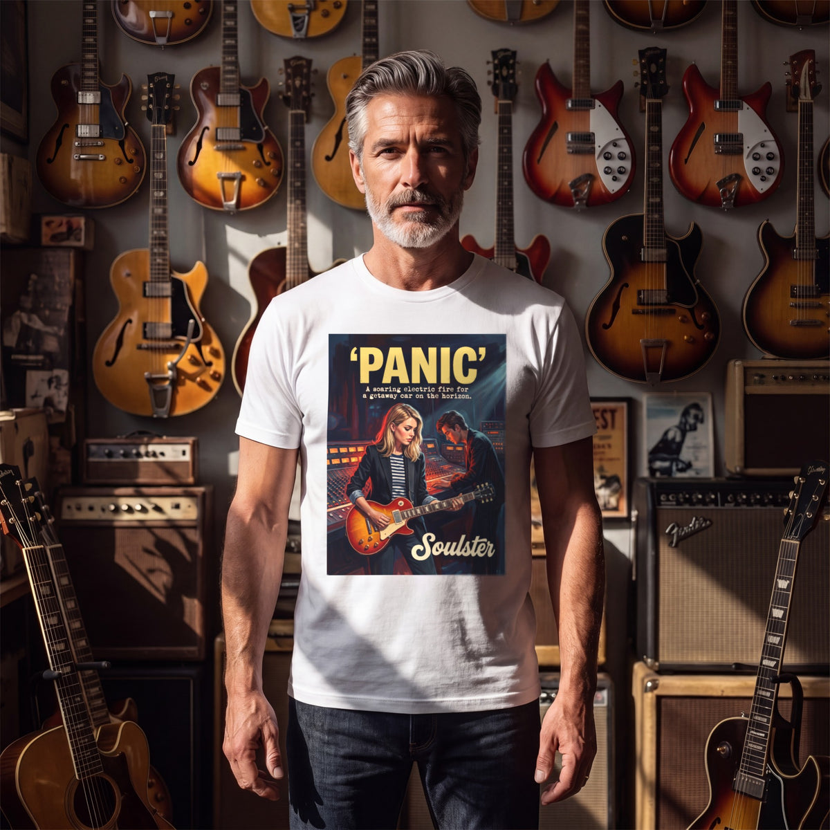 Man wearing the Panic T-Shirt - Studio Life Edition in a guitar shop in natural daylight.