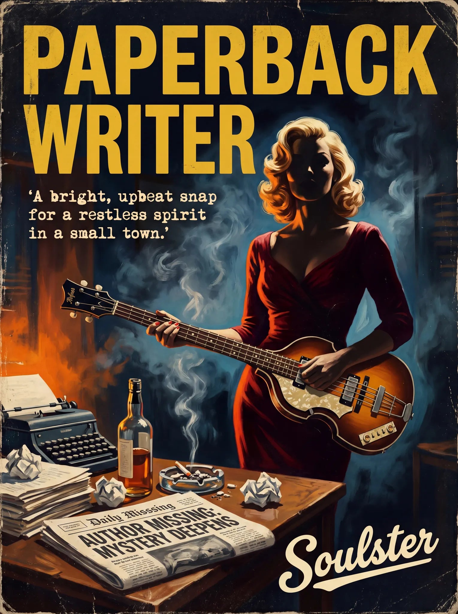 Soulster cinematic vintage pulp book cover art print illustration styled in a classic 1950s design layout inspired by Paperback Writer.