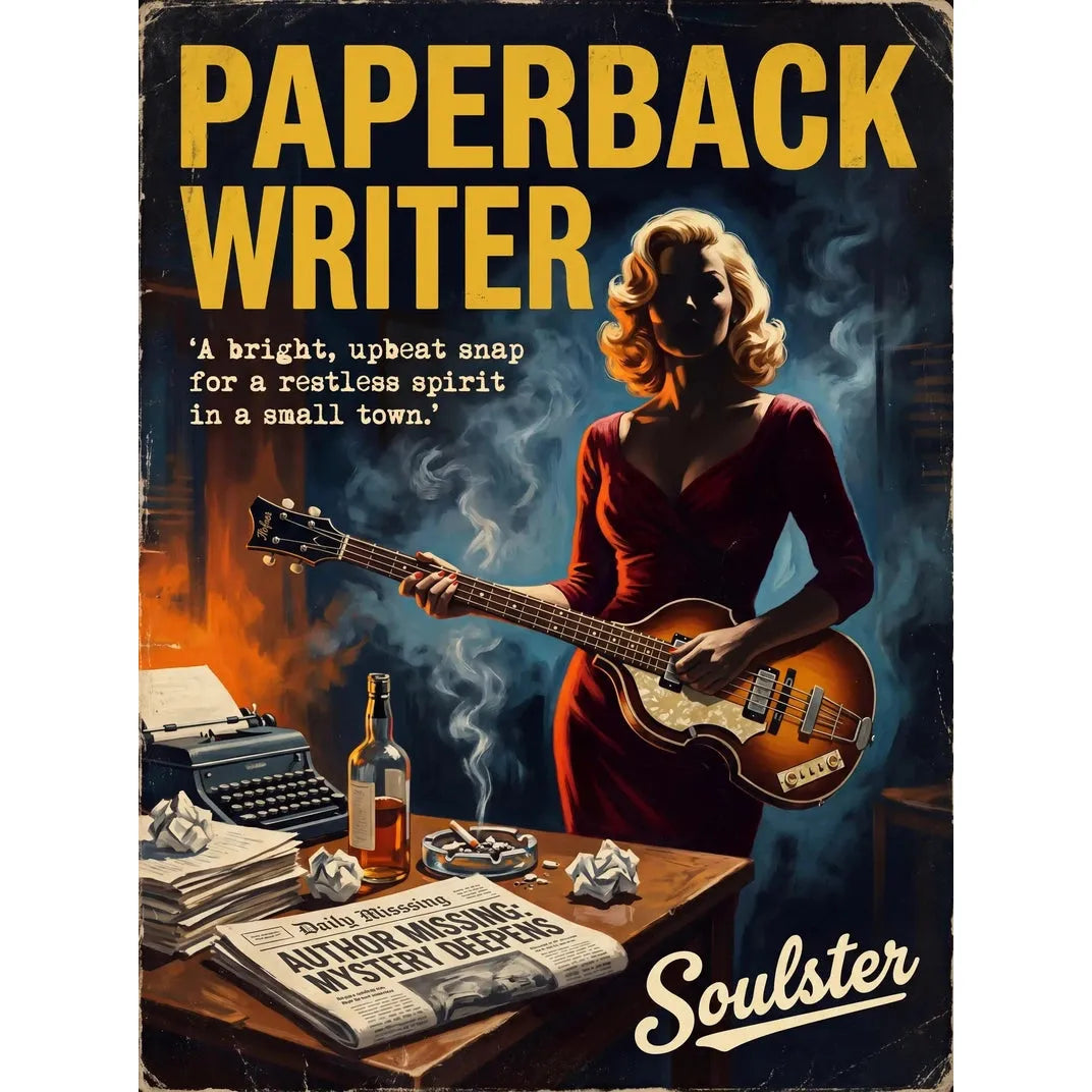 Soulster cinematic vintage pulp book cover art print illustration styled in a classic 1950s design layout inspired by Paperback Writer.