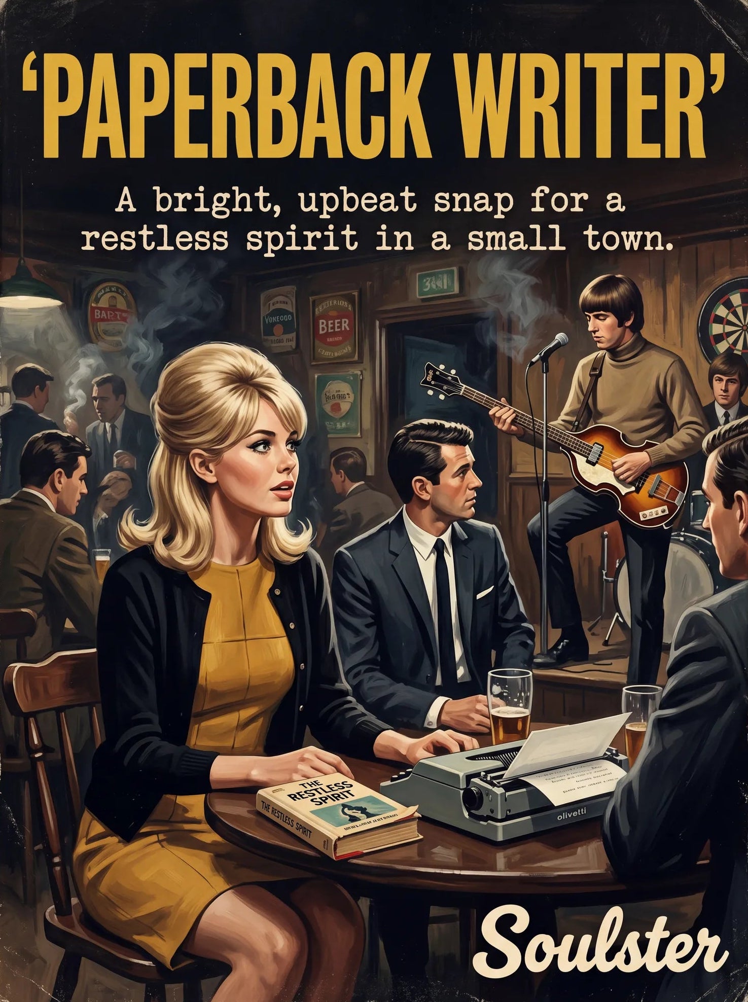 Soulster cinematic vintage pulp book cover art print illustration styled in a classic 1960s design layout inspired by Paperback Writer.