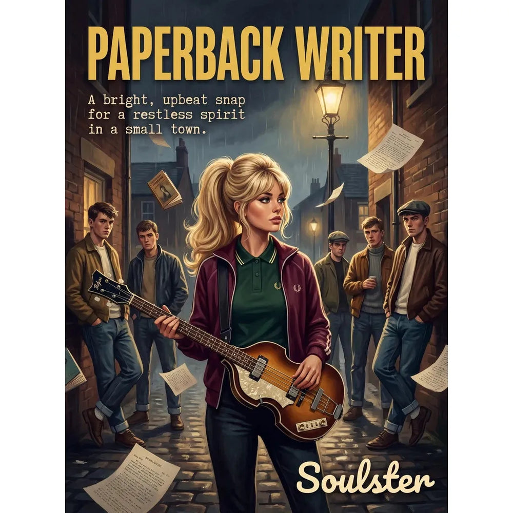 Soulster retro pulp thriller book cover style art print illustration inspired by The Beatles - Paperback Writer.