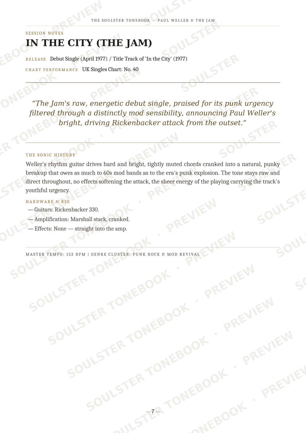 A single-page music book or article page showing printed text about the song 'In the City (The Jam)' with a large title, song text, liner notes, and a faint diagonal 'SOULSTERSONGBOOK.COM PREVIEW' watermark across the page.