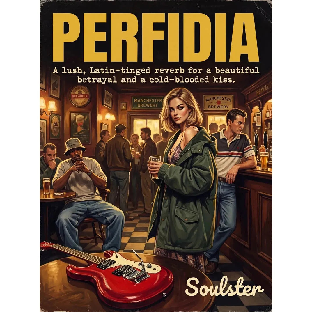 Soulster cinematic vintage pulp book cover art print illustration styled in a classic 1990s theme inspired by Perfidia.