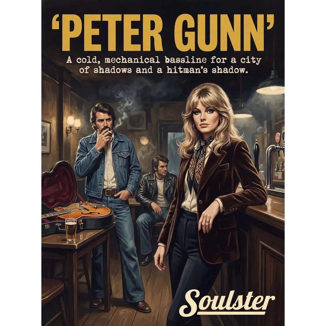 Soulster cinematic vintage pulp book cover art print illustration styled in a classic 1970s theme inspired by Peter Gunn.