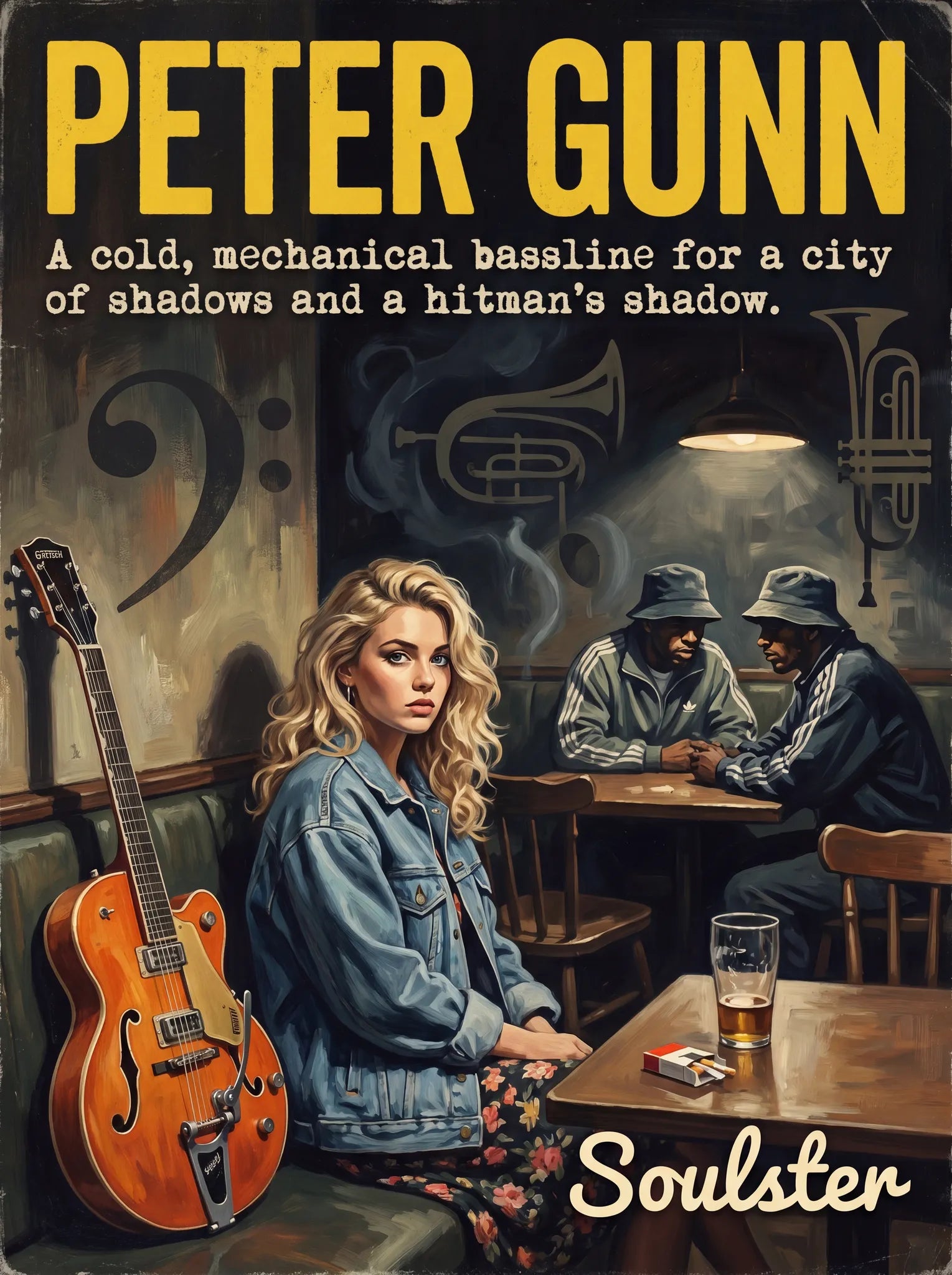 Soulster cinematic vintage pulp book cover art print illustration styled in a classic 1990s theme inspired by Peter Gunn.
