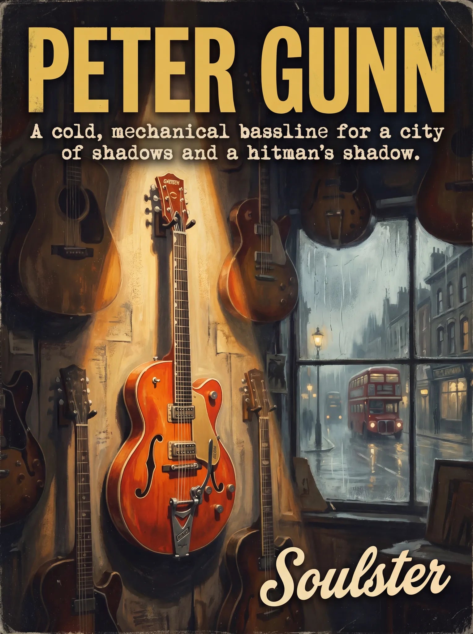 Soulster Manchester Edition wall art print showing a cinematic pulp style design of a Vintage Guitar inspired by Peter Gunn - London.