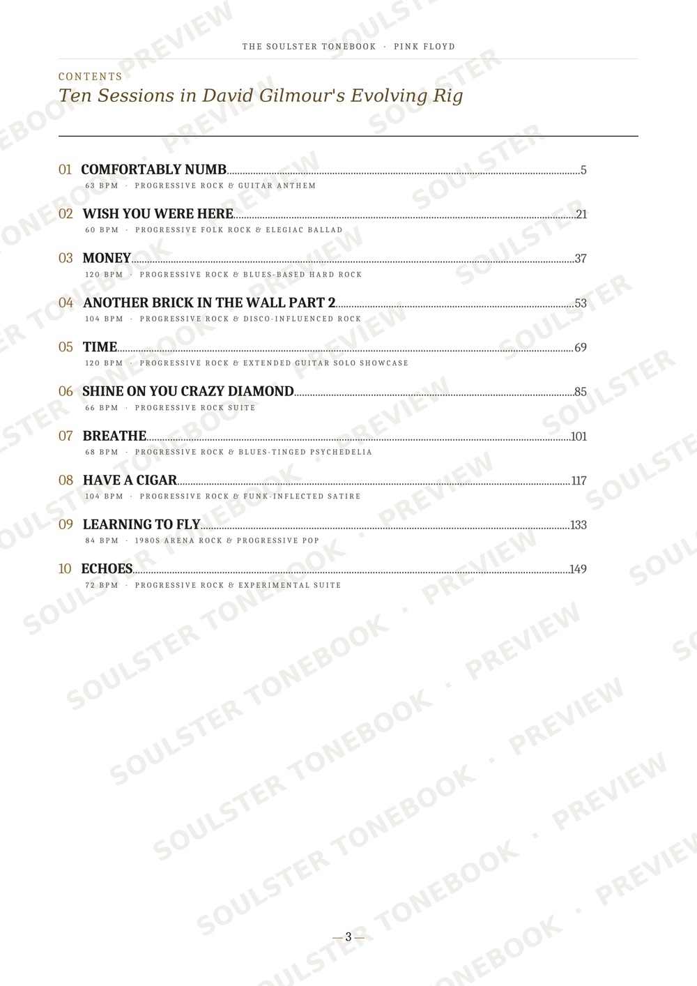 A printed table of contents page from a book or album, titled 'Ten Sessions in David Gilmour's Evolving Rig,' with numbered sections and page references on a white background and repeated Soulster watermark text.