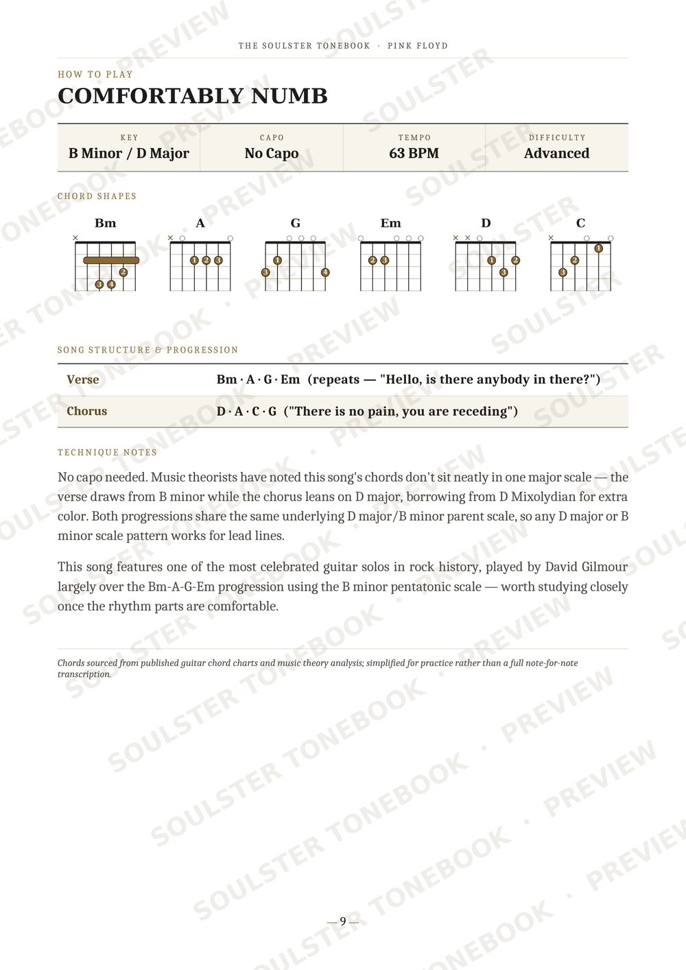 A guitar chord chart page titled 'Comfortably Numb' by Pink Floyd, showing chord diagrams for Bm, A, Em, D, and C with notes on strumming and song structure.