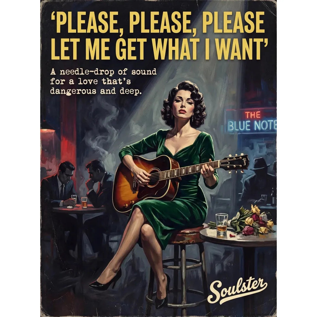Soulster cinematic vintage pulp book cover art print illustration styled in a classic 1950s design layout inspired by Please, Please, Please Let Me Get What I Want.