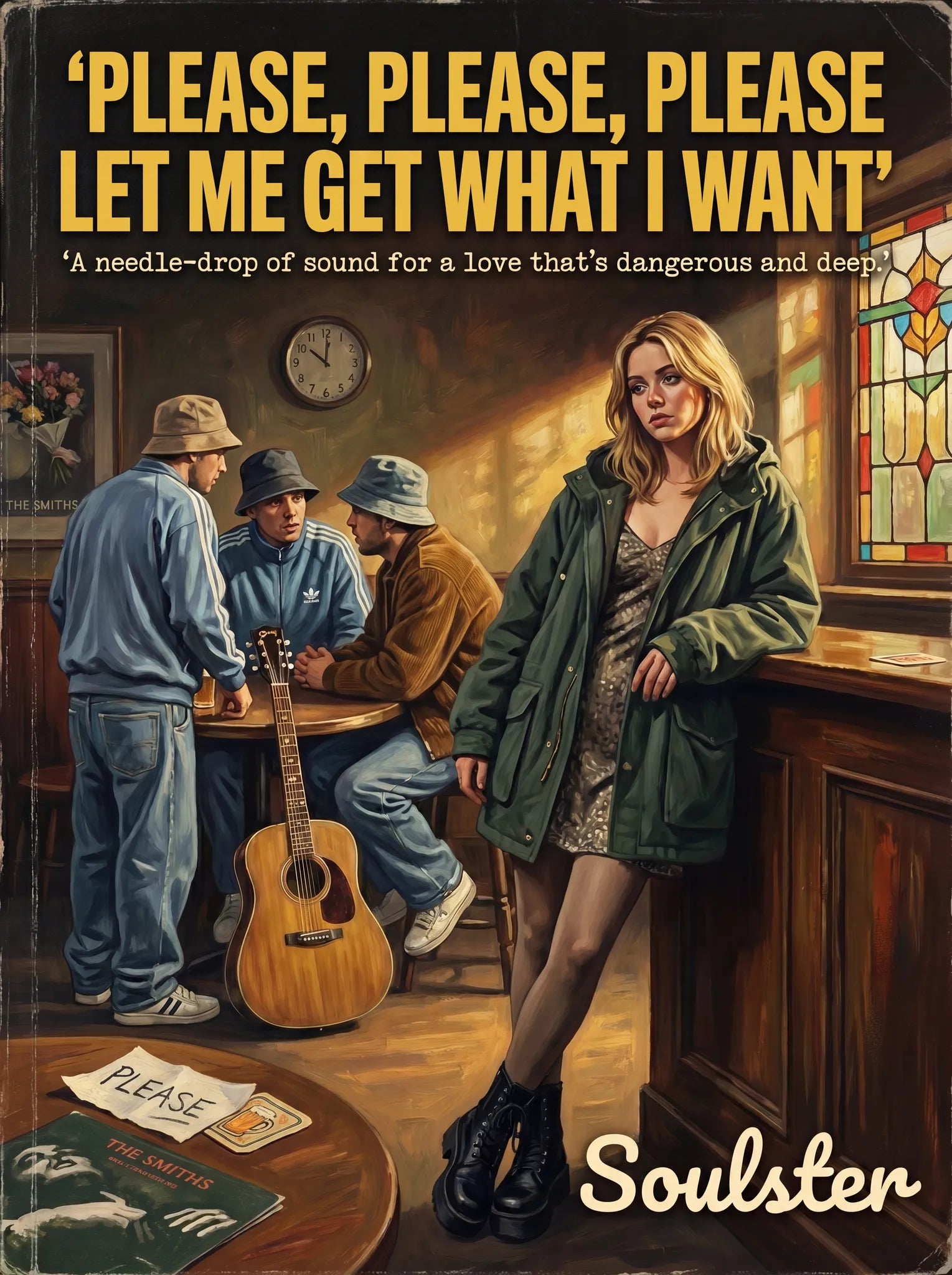 Soulster cinematic vintage pulp book cover art print illustration styled in a classic 1990s design layout inspired by Please, Please, Please Let Me Get What I Want.