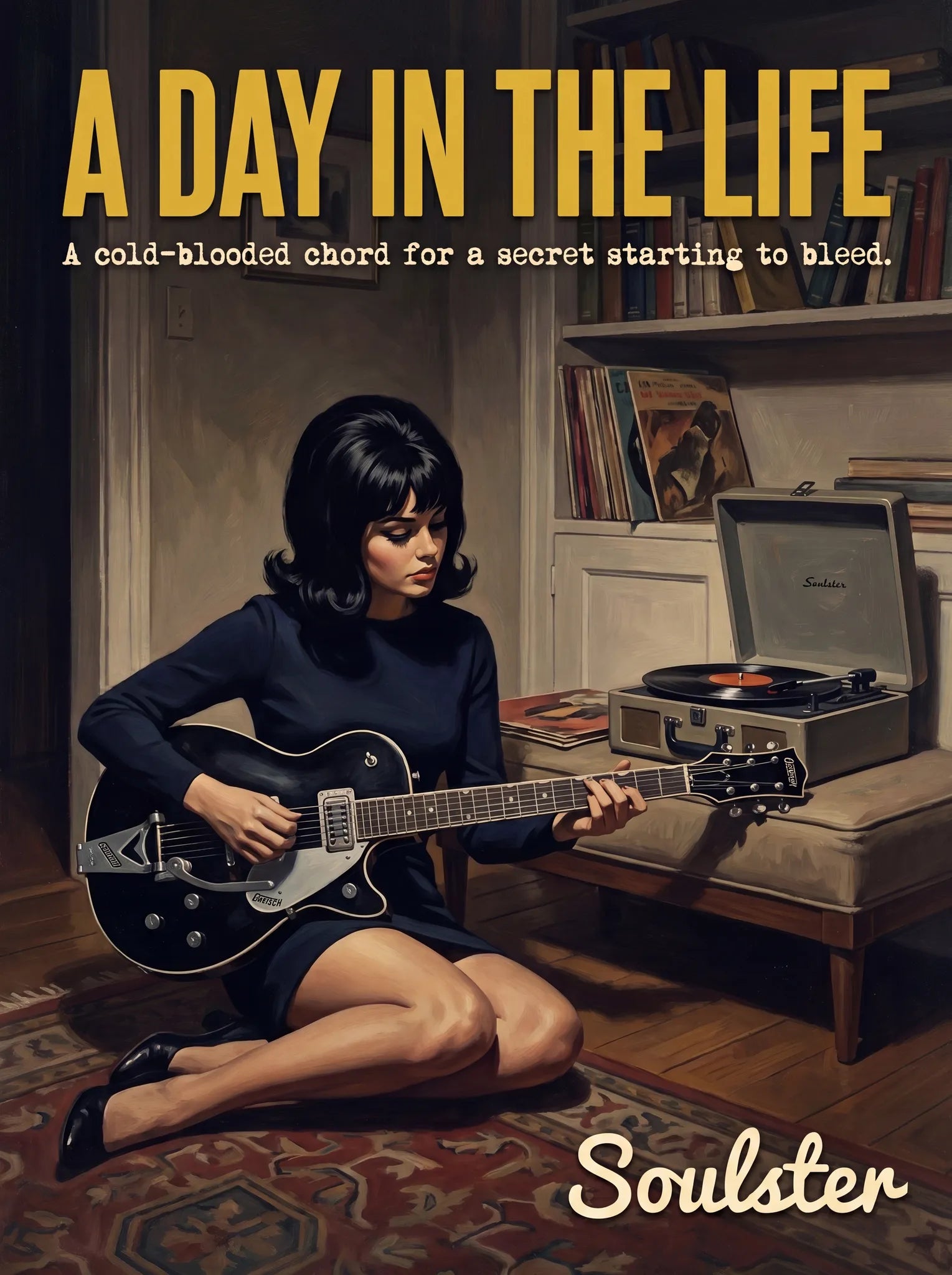 Cinematic pulp book cover style art print inspired by The Beatles - A Day In The Life typography design layout.