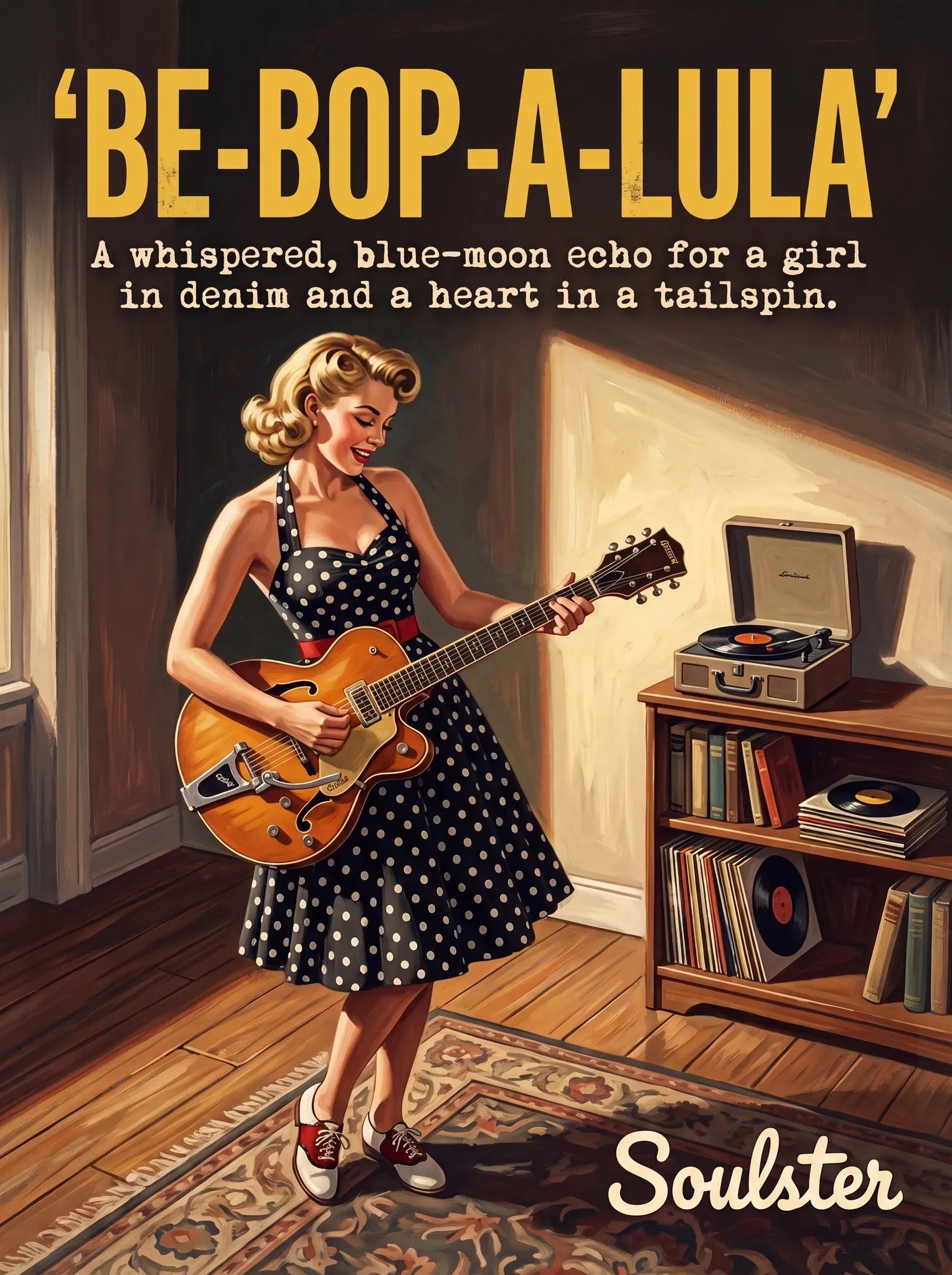 Cinematic pulp book cover style art print inspired by Gene Vincent - Be-bop-a-lula typography design layout.