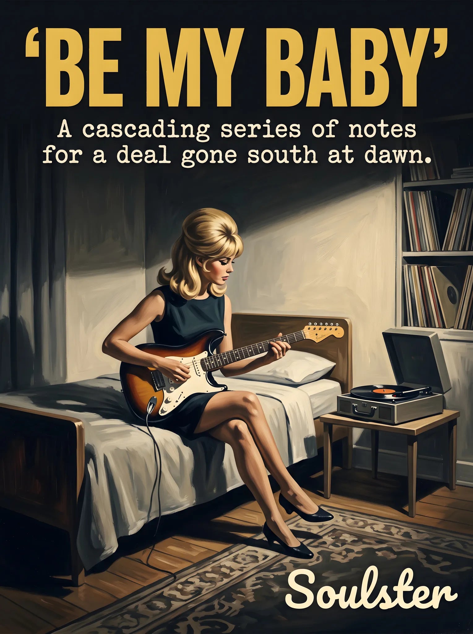 Cinematic pulp book cover style art print inspired by The Ronettes - Be My Baby typography design layout.