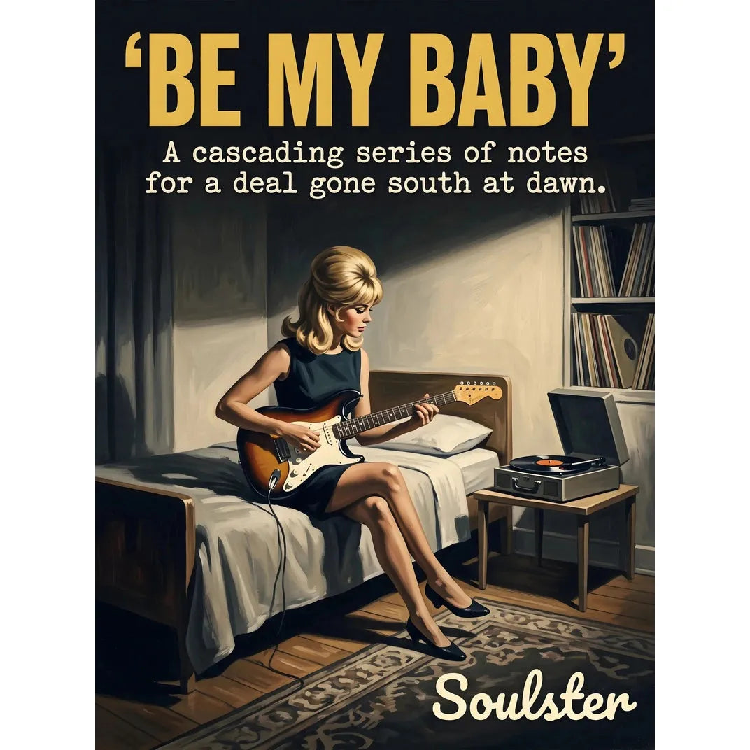 Cinematic pulp book cover style art print inspired by The Ronettes - Be My Baby typography design layout.