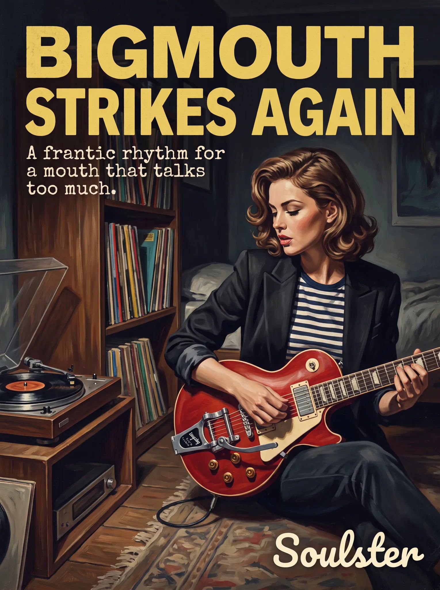 Cinematic pulp book cover style art print inspired by The Smiths - Bigmouth Strikes Again typography design layout.