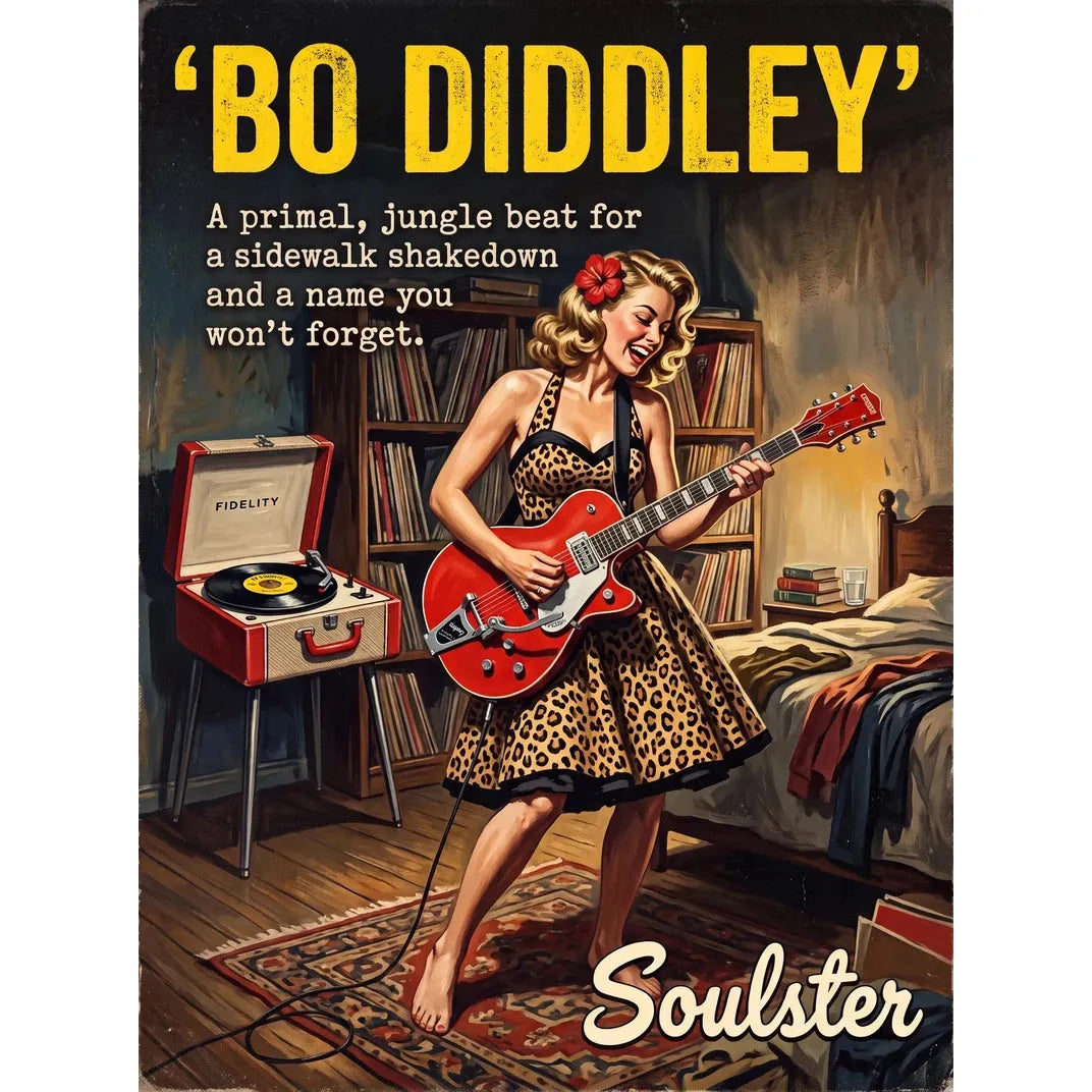 Cinematic pulp book cover style art print inspired by Alternative Music - Bo Diddley typography design layout.