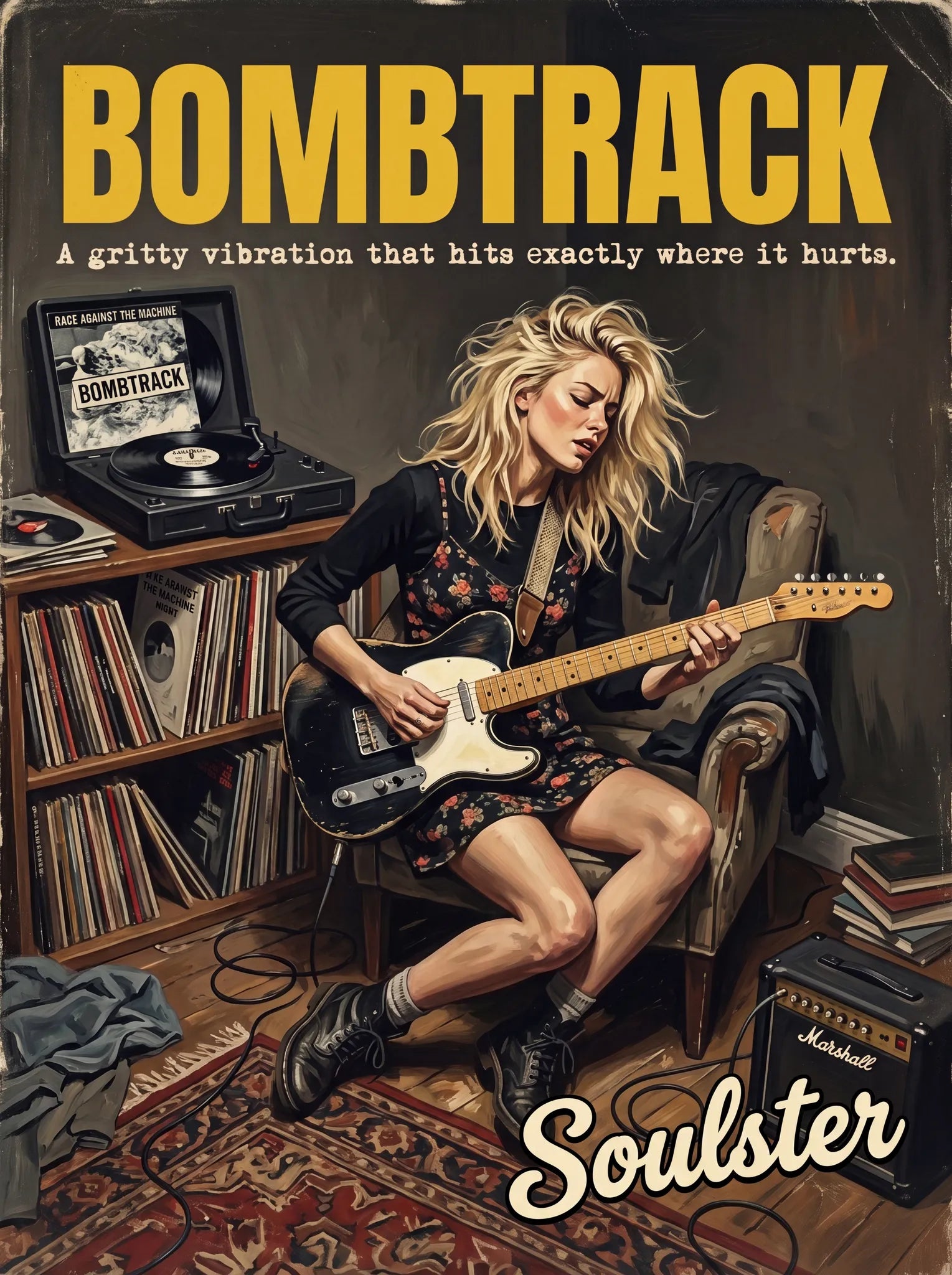 Cinematic pulp book cover style art print inspired by Rage Against The Machine - Bombtrack typography design layout.
