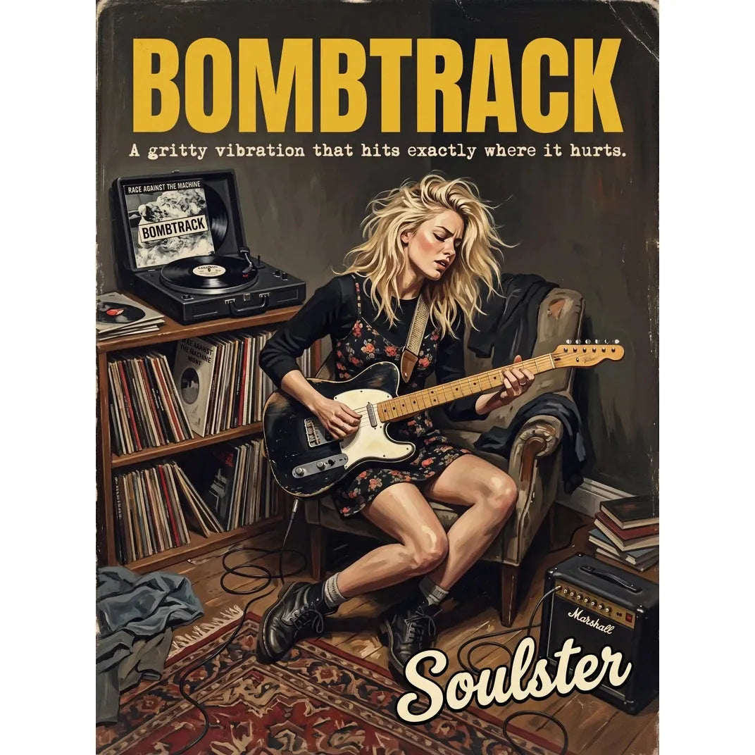 Cinematic pulp book cover style art print inspired by Rage Against The Machine - Bombtrack typography design layout.