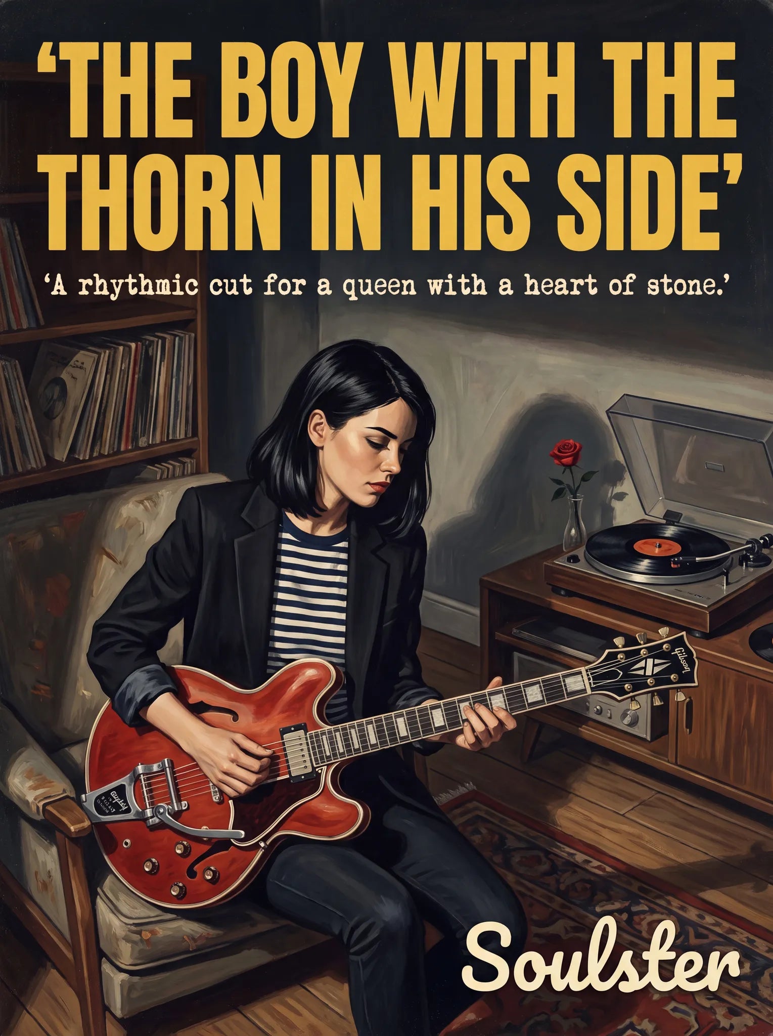 Cinematic pulp book cover style art print inspired by The Smiths - The Boy With The Thorn In His Side typography design layout.