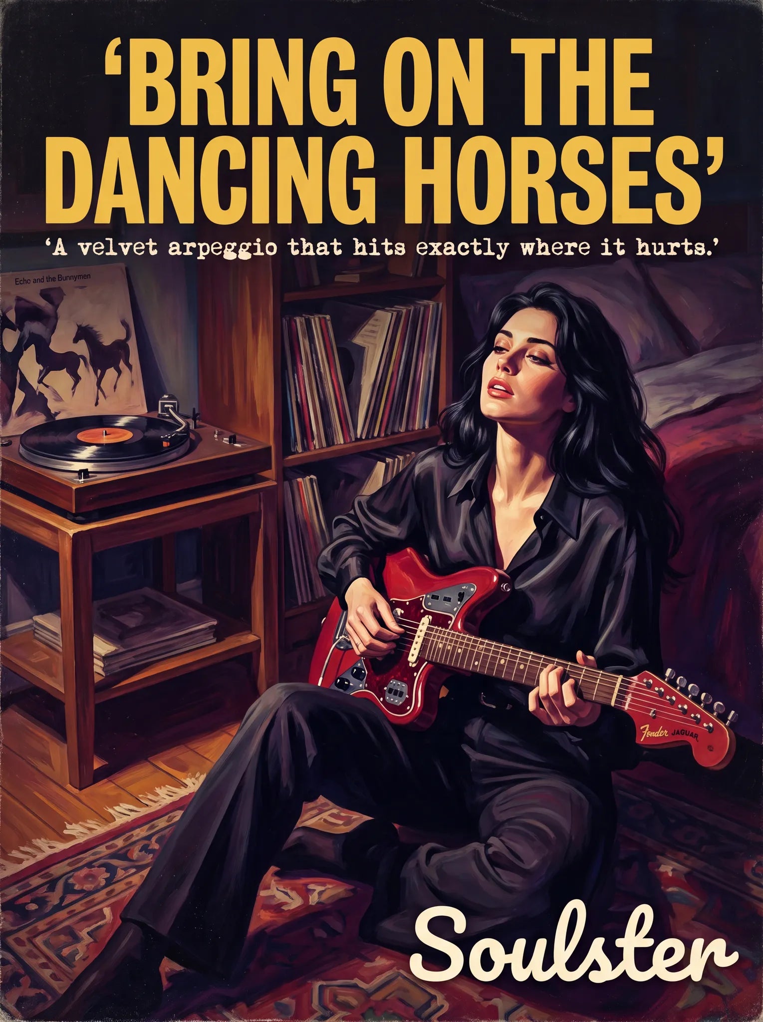 Cinematic pulp book cover style art print inspired by Echo & the Bunnymen - Bring On The Dancing Horses typography design layout.